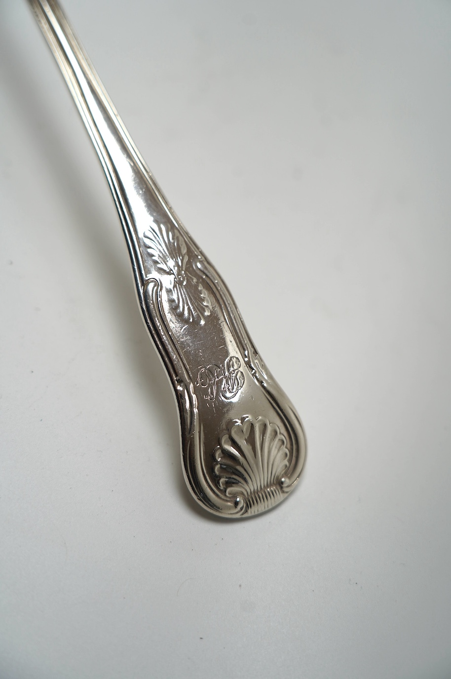 A George IV silver King's pattern soup ladle, by John & Henry Lias, London, 1822, 33.5cm, 9.1oz. Condition - poor to fair